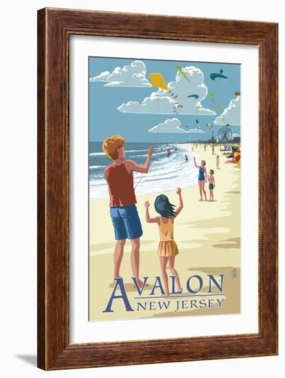 Avalon, New Jersey - Kite Flyers-Lantern Press-Framed Art Print