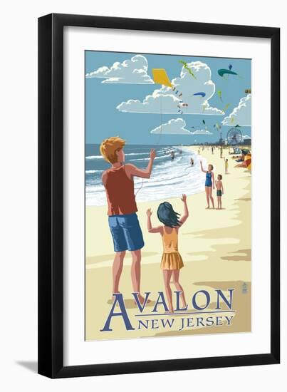 Avalon, New Jersey - Kite Flyers-Lantern Press-Framed Art Print