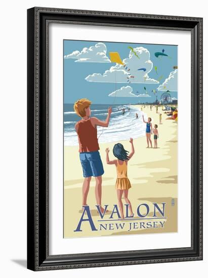 Avalon, New Jersey - Kite Flyers-Lantern Press-Framed Art Print