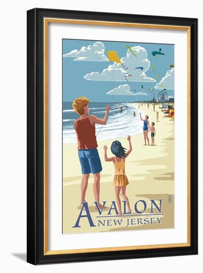 Avalon, New Jersey - Kite Flyers-Lantern Press-Framed Art Print