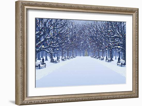 Avenue of Trees, Street Lamps and Benches in a Snow Covered Park-Milovelen-Framed Art Print