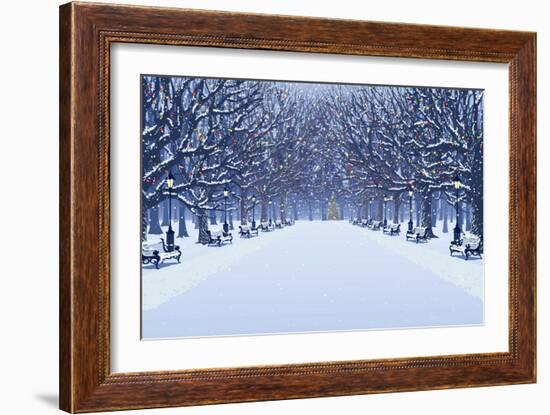 Avenue of Trees, Street Lamps and Benches in a Snow Covered Park-Milovelen-Framed Art Print