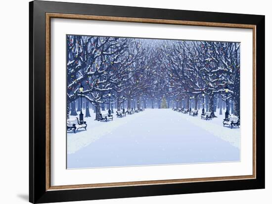 Avenue of Trees, Street Lamps and Benches in a Snow Covered Park-Milovelen-Framed Art Print