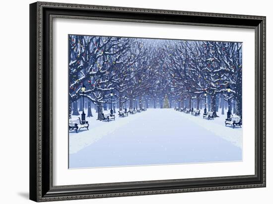 Avenue of Trees, Street Lamps and Benches in a Snow Covered Park-Milovelen-Framed Art Print