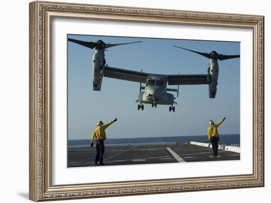 Aviation Boatswain's Mates Direct an MV-22 Osprey as it Launches from the Flight Deck-null-Framed Photographic Print