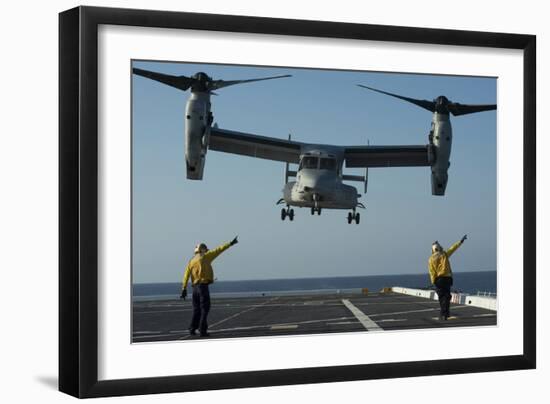 Aviation Boatswain's Mates Direct an MV-22 Osprey as it Launches from the Flight Deck-null-Framed Photographic Print