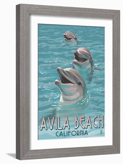 Avila Beach, CA - Dolphins-Lantern Press-Framed Premium Giclee Print