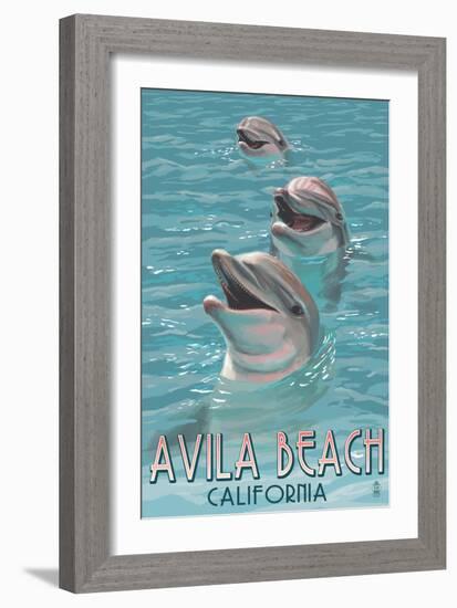 Avila Beach, CA - Dolphins-Lantern Press-Framed Art Print