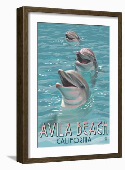 Avila Beach, CA - Dolphins-Lantern Press-Framed Art Print