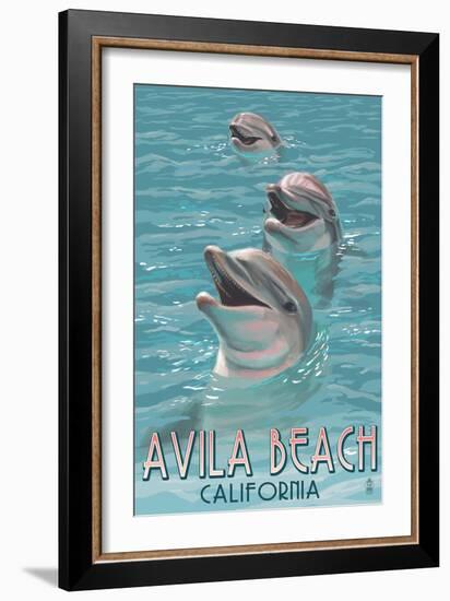 Avila Beach, CA - Dolphins-Lantern Press-Framed Art Print