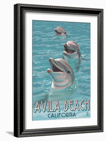 Avila Beach, CA - Dolphins-Lantern Press-Framed Art Print