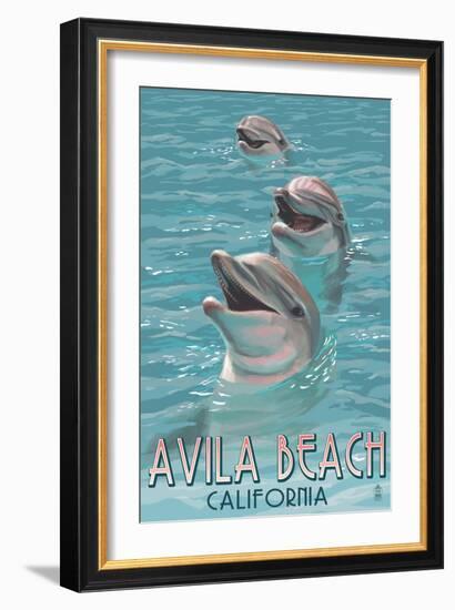 Avila Beach, CA - Dolphins-Lantern Press-Framed Art Print