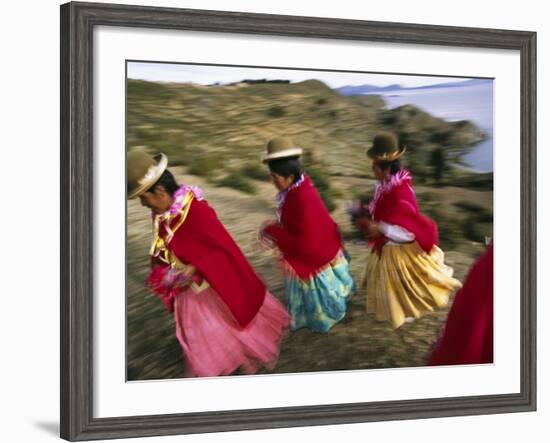 Aymara Women Dance and Spin in Festival of San Andres Celebration, Isla Del Sol, Bolivia-Andrew Watson-Framed Photographic Print