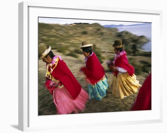Aymara Women Dance and Spin in Festival of San Andres Celebration, Isla Del Sol, Bolivia-Andrew Watson-Framed Photographic Print