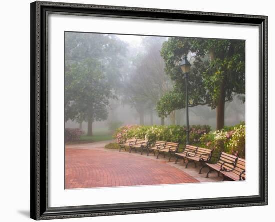 Azaleas Along Brick Sidewalk and Benches at Forsyth Park, Savannah, Georgia, USA-Joanne Wells-Framed Photographic Print