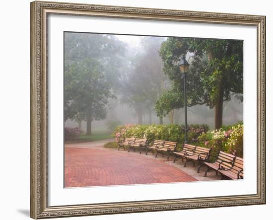 Azaleas Along Brick Sidewalk and Benches at Forsyth Park, Savannah, Georgia, USA-Joanne Wells-Framed Photographic Print