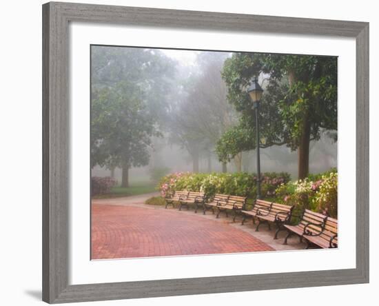 Azaleas Along Brick Sidewalk and Benches at Forsyth Park, Savannah, Georgia, USA-Joanne Wells-Framed Photographic Print