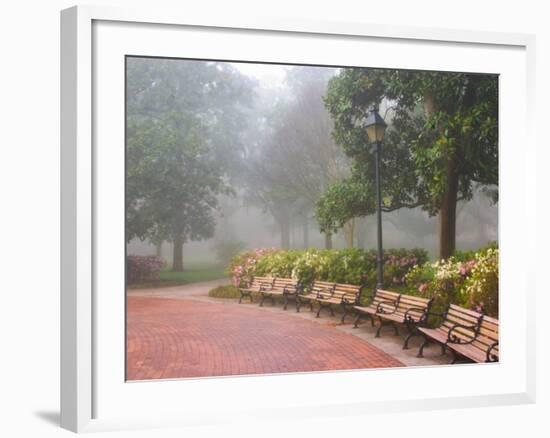 Azaleas Along Brick Sidewalk and Benches at Forsyth Park, Savannah, Georgia, USA-Joanne Wells-Framed Photographic Print