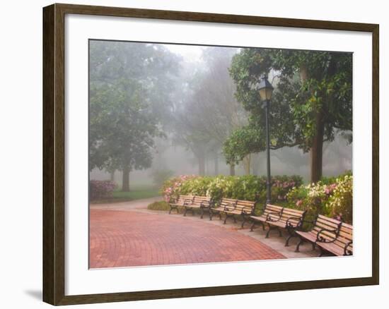 Azaleas Along Brick Sidewalk and Benches at Forsyth Park, Savannah, Georgia, USA-Joanne Wells-Framed Photographic Print