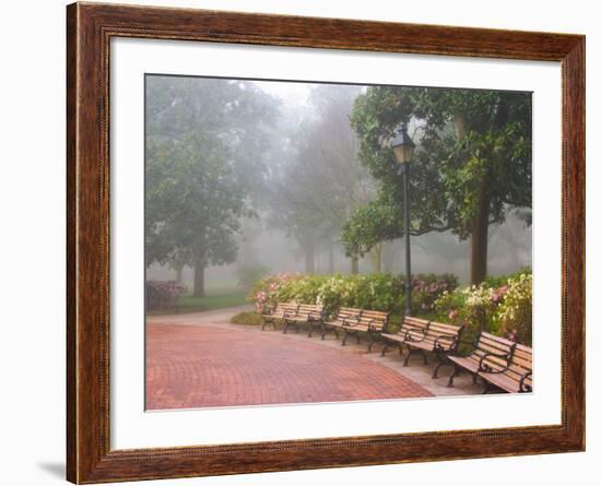 Azaleas Along Brick Sidewalk and Benches at Forsyth Park, Savannah, Georgia, USA-Joanne Wells-Framed Photographic Print