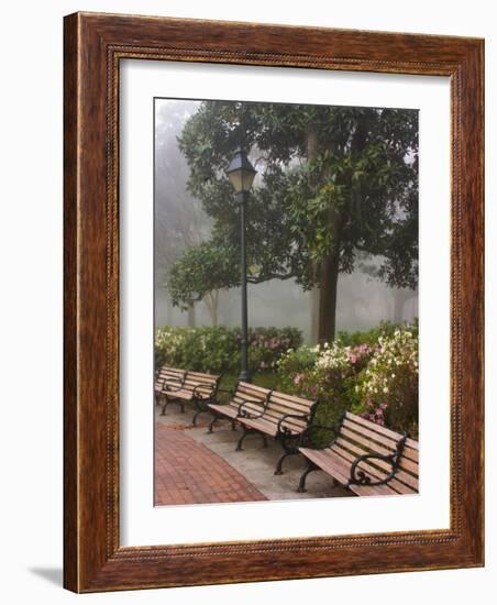 Azaleas Along Brick Sidewalk and Benches at Forsyth Park, Savannah, Georgia, USA-Joanne Wells-Framed Photographic Print