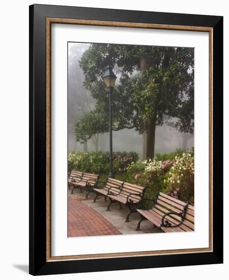 Azaleas Along Brick Sidewalk and Benches at Forsyth Park, Savannah, Georgia, USA-Joanne Wells-Framed Photographic Print