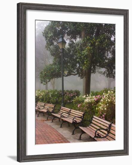 Azaleas Along Brick Sidewalk and Benches at Forsyth Park, Savannah, Georgia, USA-Joanne Wells-Framed Photographic Print