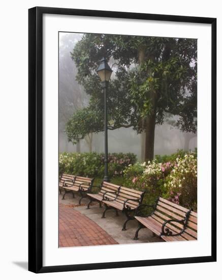 Azaleas Along Brick Sidewalk and Benches at Forsyth Park, Savannah, Georgia, USA-Joanne Wells-Framed Photographic Print