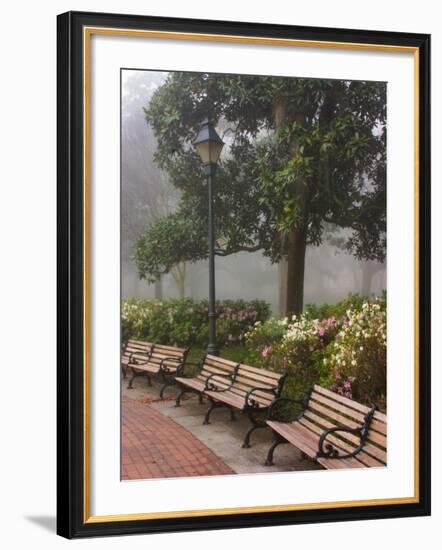 Azaleas Along Brick Sidewalk and Benches at Forsyth Park, Savannah, Georgia, USA-Joanne Wells-Framed Photographic Print