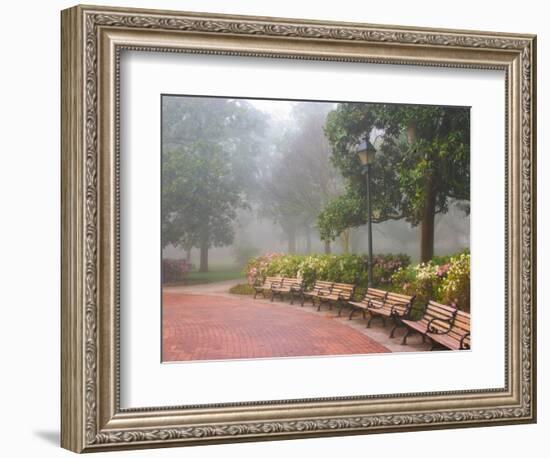 Azaleas Along Brick Sidewalk and Benches at Forsyth Park, Savannah, Georgia, USA-Joanne Wells-Framed Photographic Print