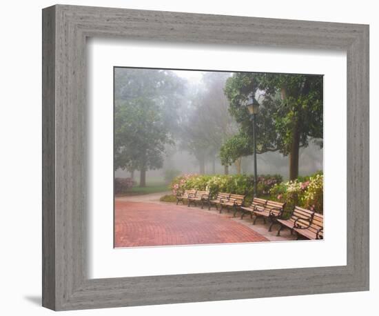 Azaleas Along Brick Sidewalk and Benches at Forsyth Park, Savannah, Georgia, USA-Joanne Wells-Framed Photographic Print