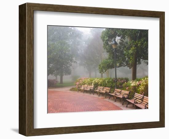 Azaleas Along Brick Sidewalk and Benches at Forsyth Park, Savannah, Georgia, USA-Joanne Wells-Framed Photographic Print