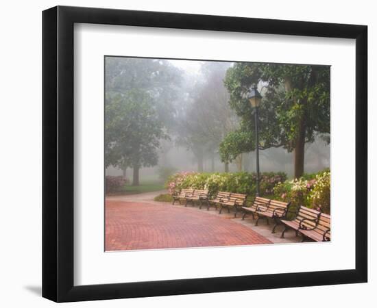 Azaleas Along Brick Sidewalk and Benches at Forsyth Park, Savannah, Georgia, USA-Joanne Wells-Framed Photographic Print