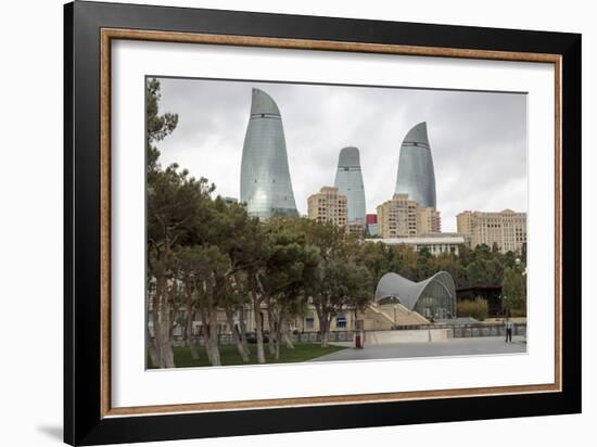 Azerbaijan, Baku. A Park in Baku with the Flame Towers in the Distance-Alida Latham-Framed Photographic Print