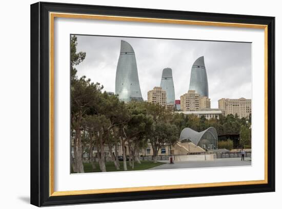 Azerbaijan, Baku. A Park in Baku with the Flame Towers in the Distance-Alida Latham-Framed Photographic Print