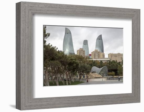 Azerbaijan, Baku. A Park in Baku with the Flame Towers in the Distance-Alida Latham-Framed Photographic Print