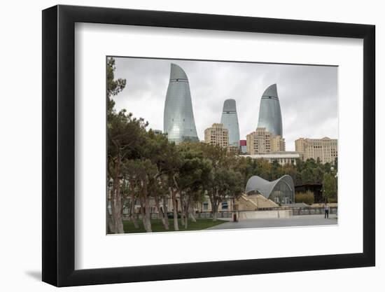 Azerbaijan, Baku. A Park in Baku with the Flame Towers in the Distance-Alida Latham-Framed Photographic Print