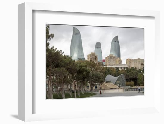 Azerbaijan, Baku. A Park in Baku with the Flame Towers in the Distance-Alida Latham-Framed Photographic Print