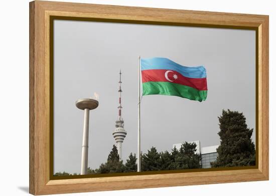 Azerbaijan, Baku. an Azerbaijan Flag Waves Near a Memorial Flame and the Baku Tv Tower-Alida Latham-Framed Premier Image Canvas