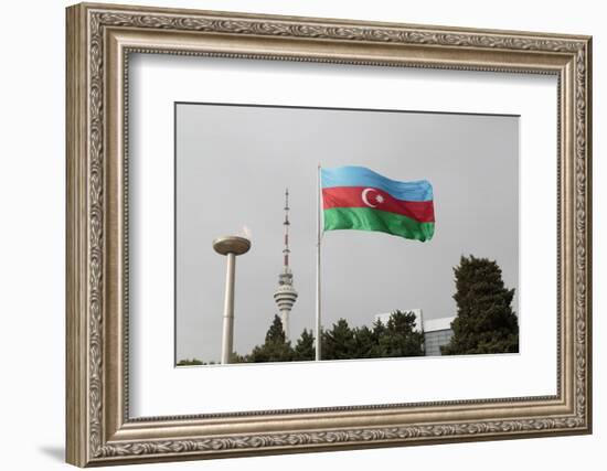 Azerbaijan, Baku. an Azerbaijan Flag Waves Near a Memorial Flame and the Baku Tv Tower-Alida Latham-Framed Photographic Print