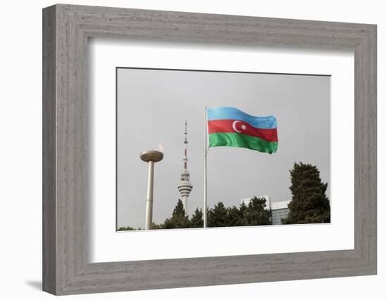 Azerbaijan, Baku. an Azerbaijan Flag Waves Near a Memorial Flame and the Baku Tv Tower-Alida Latham-Framed Photographic Print