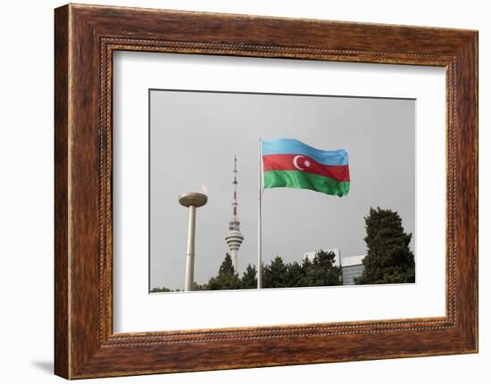 Azerbaijan, Baku. an Azerbaijan Flag Waves Near a Memorial Flame and the Baku Tv Tower-Alida Latham-Framed Photographic Print