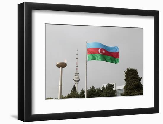 Azerbaijan, Baku. an Azerbaijan Flag Waves Near a Memorial Flame and the Baku Tv Tower-Alida Latham-Framed Photographic Print