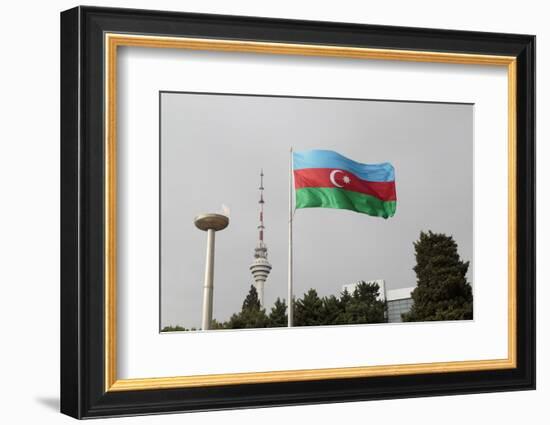 Azerbaijan, Baku. an Azerbaijan Flag Waves Near a Memorial Flame and the Baku Tv Tower-Alida Latham-Framed Photographic Print