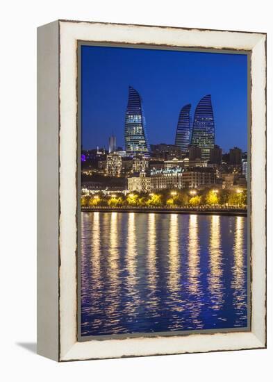 Azerbaijan, Baku. Bulvar Promenade, city skyline with Flame Towers.-Walter Bibikow-Framed Premier Image Canvas