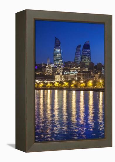 Azerbaijan, Baku. Bulvar Promenade, city skyline with Flame Towers.-Walter Bibikow-Framed Premier Image Canvas