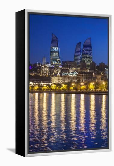 Azerbaijan, Baku. Bulvar Promenade, city skyline with Flame Towers.-Walter Bibikow-Framed Premier Image Canvas