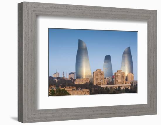 Azerbaijan, Baku. City skyline with Flame Towers from Baku Bay.-Walter Bibikow-Framed Photographic Print