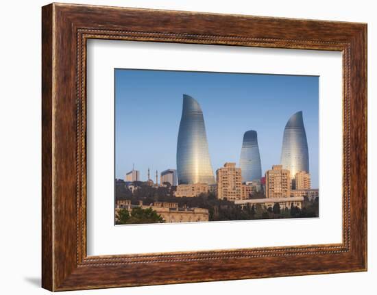 Azerbaijan, Baku. City skyline with Flame Towers from Baku Bay.-Walter Bibikow-Framed Photographic Print