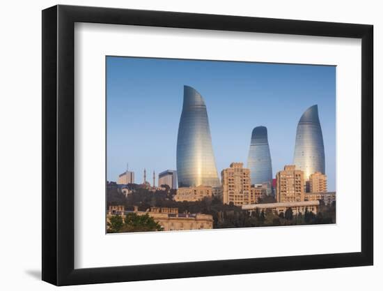 Azerbaijan, Baku. City skyline with Flame Towers from Baku Bay.-Walter Bibikow-Framed Photographic Print